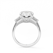 White Gold Oval Cut Diamond Three Stone Pave Engagement Ring With Half Bezel Setting